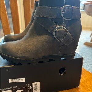 Gray Wedge Ankle Boots with Buckle
